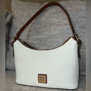 Dooney & Bourke White Brown Trim Pebbled Leather Shoulder Bag Baguette R2324WH